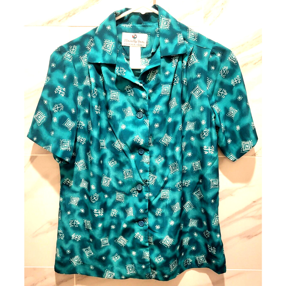 Naturally Yours Teal Blouse Hawaii Pleats Short Sleeves Button Down Size Petite